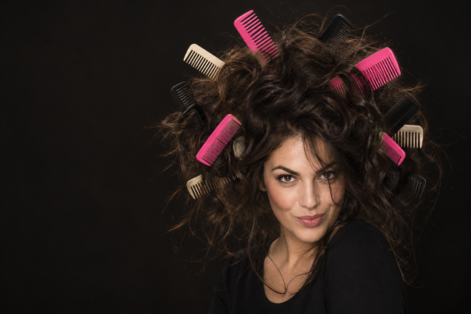 Vrouw met warrig haar vol roze en beige kammen